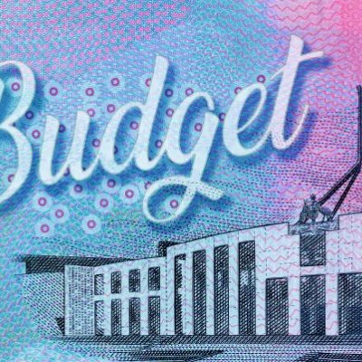 Federal Parliament building on ten dollar note background with the word budget written in cursive.